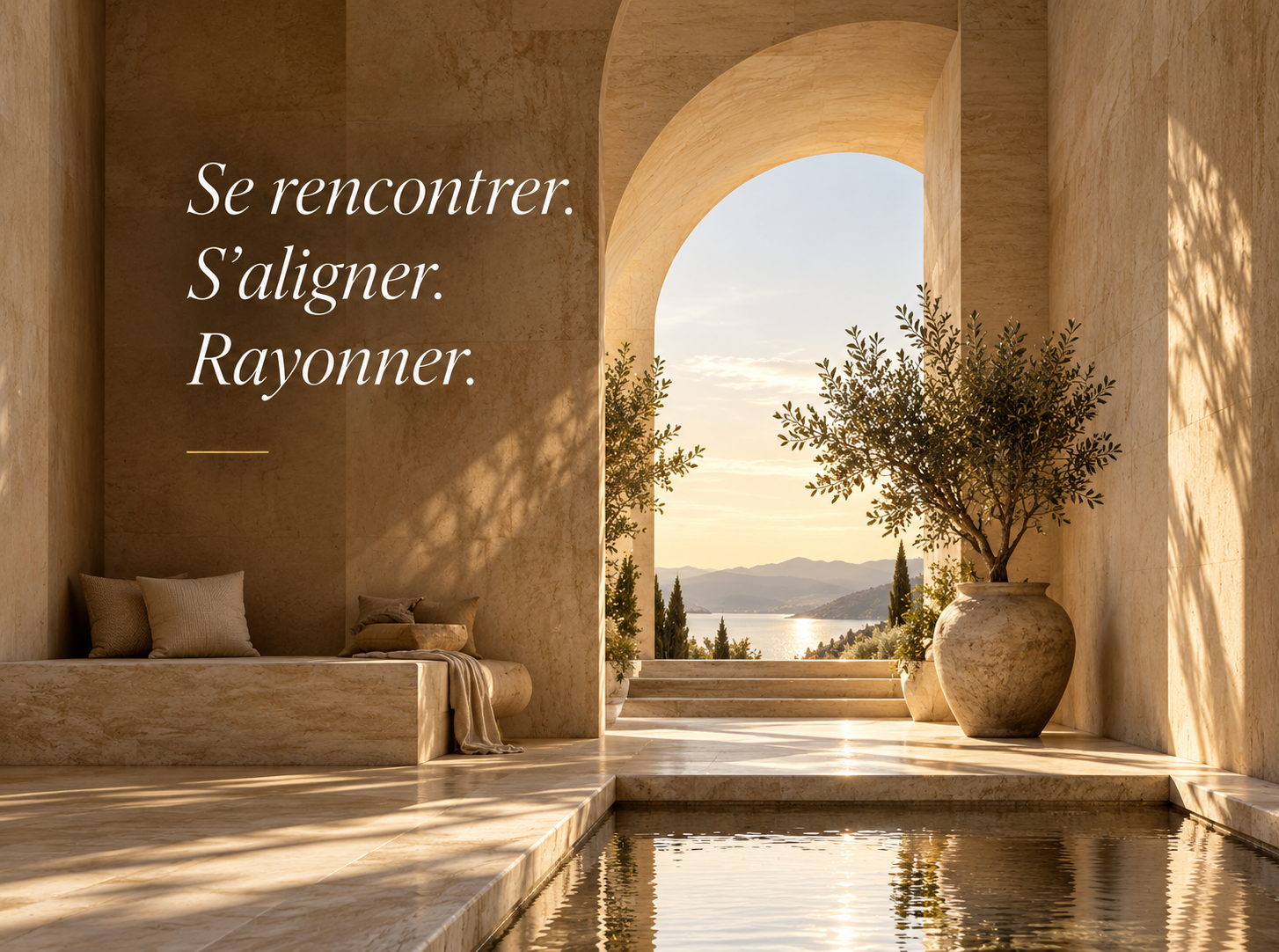Architecture méditerranéenne lumineuse, olivier et bassin dans un univers calme et premium